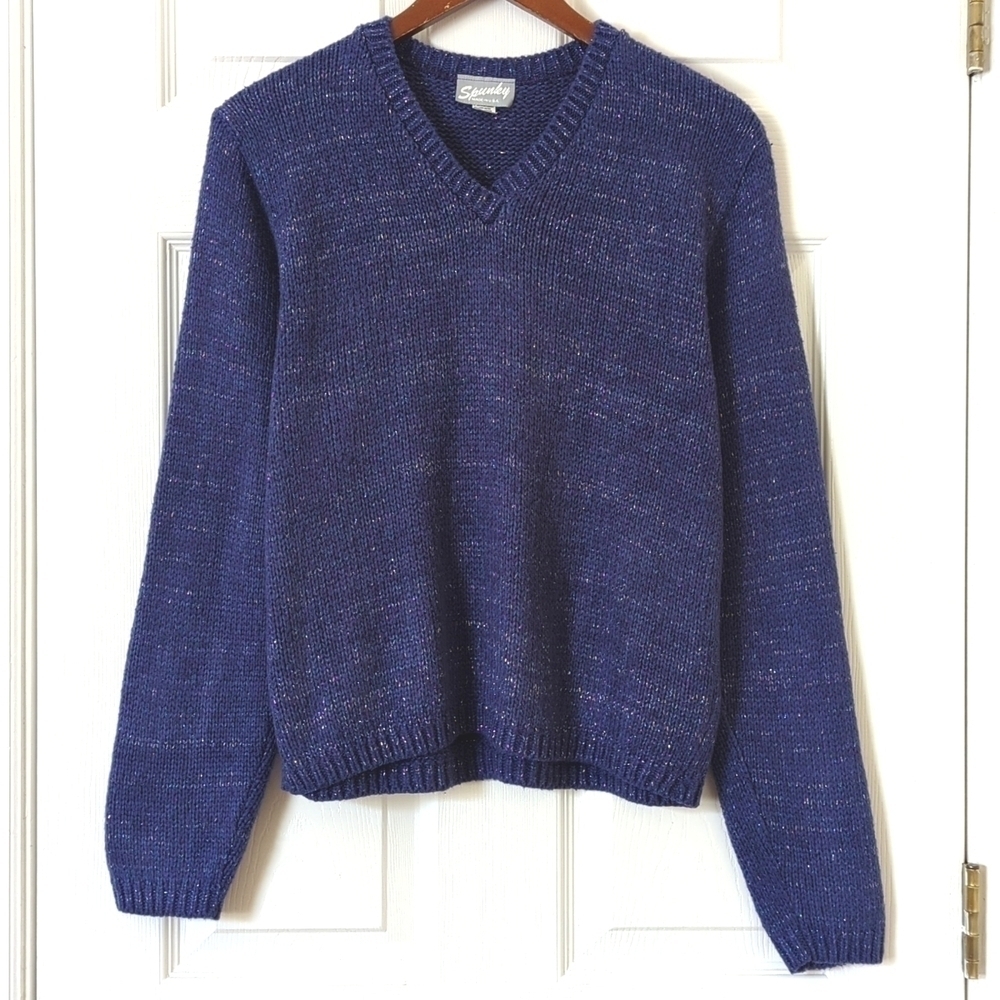 Spunky 80's Vintage Classic Metallic Lurex Marled Knit V-neck Sweater Purple M